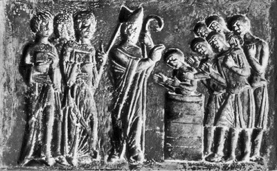 Крещение пруссов. Рельеф дверей собора Успения Пресв. Богородицы в Гнезно. XI–XII вв.