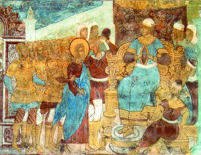 Иисус Христос перед Каиафой. Роспись ц. Богоявления в Ярославлею 1692 г.