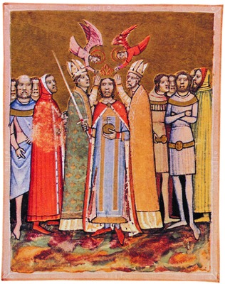 Коронация Ласло I. Миниатюра из Хроники Марка Кальти. 1360–1370 гг. (Нац. б-ка им. Сечени. Будапешт. Fol. 46'в)