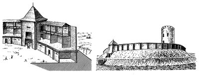 Древнерусские оборонительные сооружения (по П. А. Раппорту): а) Деревянная стена и воротная башня XII-XIII вв.; б) Крепость XIII в. (Чарторыйск)
