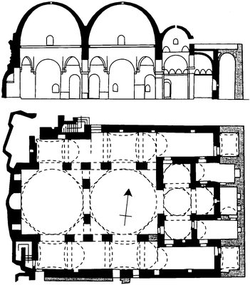 Церковь мон-ря св. Хатре близ Асуана. 1-я пол. XI в. Разрез и план