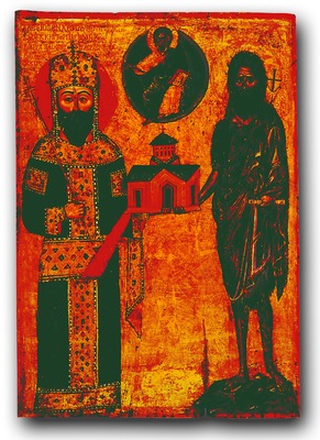 Алексей III Комнин и св. Иоанн Креститель. Икона. Ок. 1375 г. (мон-рь Дионисиат. Афон)