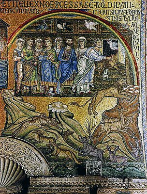 Ной выпускает зверей и птиц на сушу. Мозаика собора Сан-Марко в Венеции. XII в.