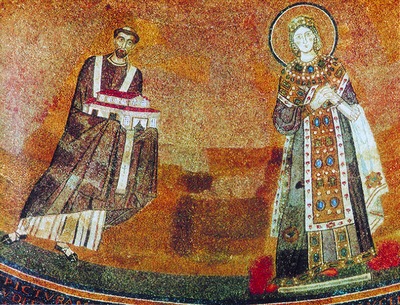 Папа Гонорий III преподносит св. Агнесе модель церкви. Мозаика ц. Сант-Аньезе фуори ле Мура, Рим. Ок. 625 г.