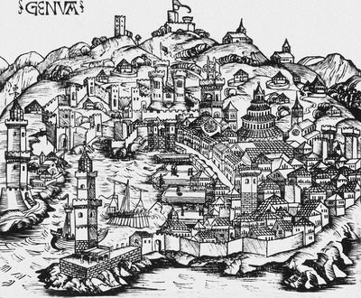 Генуя. Гравюра М. Вольгемута и В. Пенденвурфа. (Schedel H. Liber chronicarum. 1493)