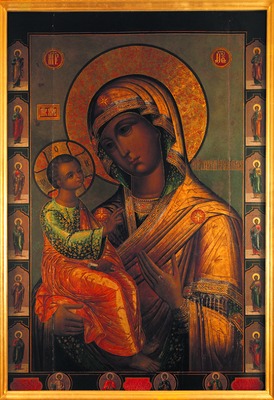 Иерусалимская икона Божией Матери с избранными святыми на полях, хранящаяся в мон-ре. Фотография. 2004 г.