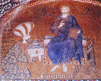Иисус Христос на престоле с коленопреклоненным Федором Метохитом. Мозаика мон-ря Хора (Кахрие-джами) в Константинополе. 1316 - 1321 гг.