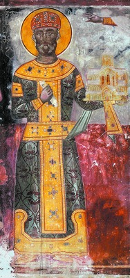 Св. Давид IV Строитель. Роспись собора Рождества Богородицы мон-ря Гелати. XVI в.