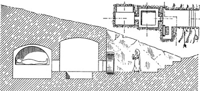 Реконструкция скальной гробницы Гроба Господня по текстам Евангелий. Рис. Л. Венсана. 1914 г.