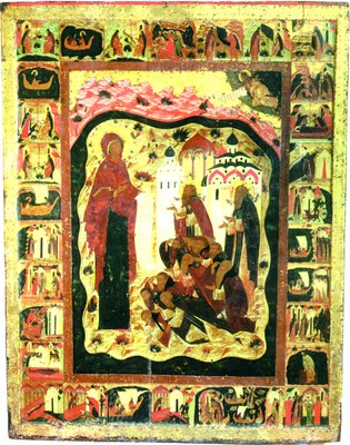 Богородица с молящимися преподобными Зосимой, Савватием и братией мон-ря, с клеймами жития преподобных. Икона. 1545 г. (ГММК)