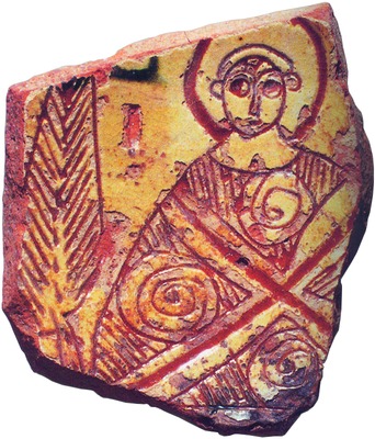Фрагмент чаши с изображением вмч. Димитрия. XIV в. (Византийский музей. Фессалоника)