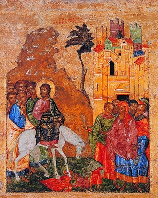 Вход Господень в Иерусалим. Икона из иконостаса собора Св. Софии в Новгороде. Ок. 1341 г. (НГОМЗ)