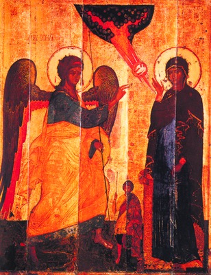 Благовещение со св. Феодором Тироном. Икона. 2-я пол. XIV в. (НГОМЗ)