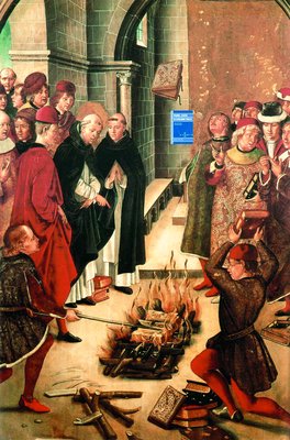 Св. Доминик, сжигающий еретические книги. Худож. А. Г. де Берругете. Ок. 1500 г. (Прадо, Мадрид)