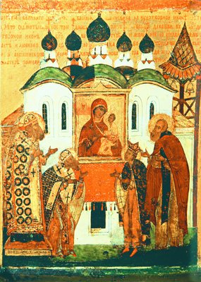 Царь Иоанн IV молится перед Тихвинской иконой Божией Матери. Клеймо Тихвинской иконы Божией Матери. 1678 г. (НГОМЗ)