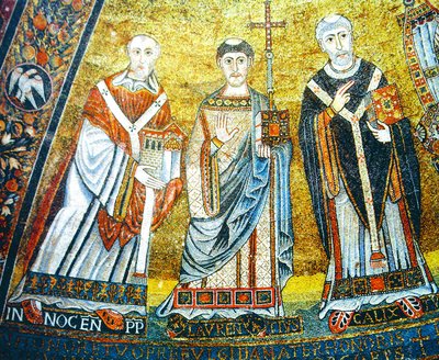 Иннокентий II, папа Римский, архидиак. Лаврентий, Калист I, папа Римский. Мозаика ц. Санта Мария ин Трастевере в Риме. XII в.
