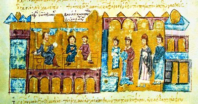 Иоанн Цимисхий с Василием II и Константином VIII. Миниатюра из Хроники Иоанна Скилицы. XII в. (Matrit. gr. 26. N 2. Fol. 158)