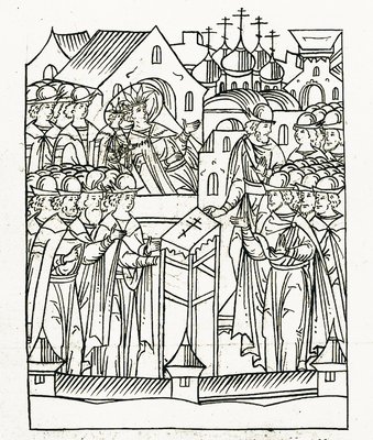 Болезнь царя Иоанна IV в 1553 г. Миниатюра из Лицевого летописного свода. 70-е гг. XVI в. (ГИМ. Син. № 149. Л. 12 об.)