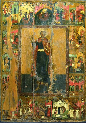 Вмч. Иоанн Новый, Сочавский, с житием. Икона. 30-е гг. XVII в. (ГТГ)
