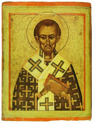 Свт. Иоанн Златоуст. Икона. Кон. XIV — нач. XV в. (ГММК)