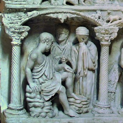 Иов перед женой и другом. Фрагмент саркофага Юния Басса. Ок. 359 г. (Музеи Ватикана)