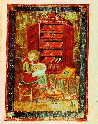 Прор. Ездра, пишущий книгу. Миниатюра из Амиатинского кодекса. Нач. VIII в. (Laur. Amiat. I. Fol. 5r)