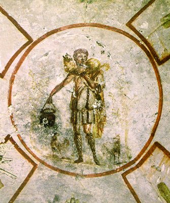 Иисус Христос Добрый Пастырь. Роспись катакомб Каллиста в Риме. III в.
