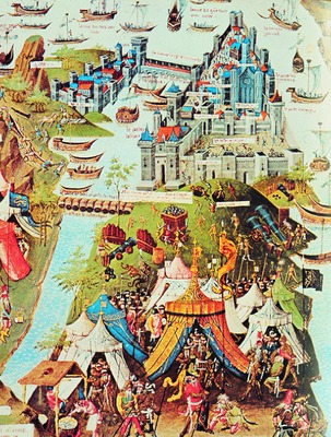 Осада Константинополя турками в 1453 г. Миниатюра из «Путешествия за моря» Бертрандона де ла Брокье. 2-я пол. XV в. (BNF)