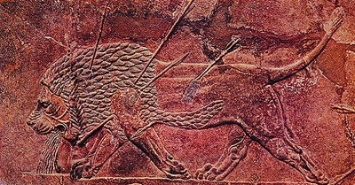 Раненый лев. Фрагмент рельефа «Царская охота» из дворца Ашшурбанипала в Ниневии. Ассирия. 669 — ок. 635 г. до Р. Х.