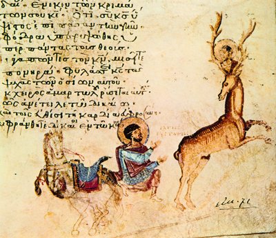 Видение вмч. Евстафия Плакиды. миниатюра из Псалтири. IX в. (Ath. Pantork. 61. Fol. 138)