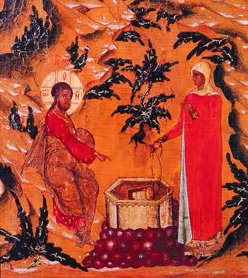 Христос и самарянка. Икона. Нач. XVII в. Мастер Никифор Савин (ГРМ).Фрагмент