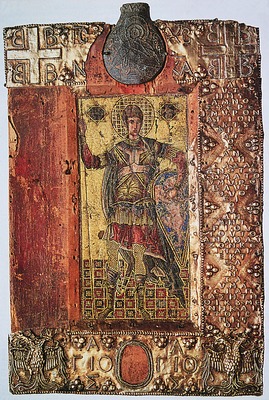 Икона вмч. Димитрия с вмонтированной ампулой. XIV в. (Музей Сассоферрато. Италия)