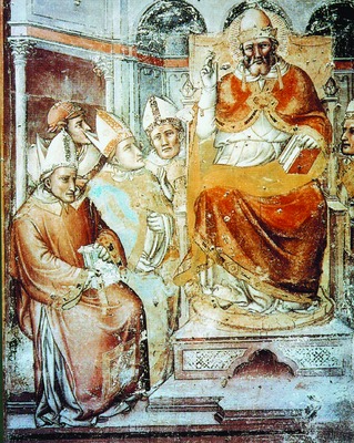Свт. Григорий Великий на троне в окружении еиископов. Роспись капеллы Барди ц. Санта-Мария Новелла во Флоренции. XIV в.