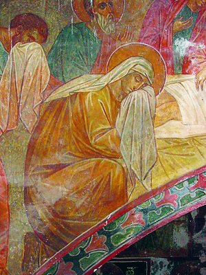 Св. Мария Магдалина. Фрагмент композиции «Положение во гроб». Роспись вост. части кафоликона. 2-я четв.— сер. XIV в.