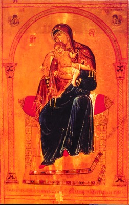 Богоматерь с младенцем типа Киккской на троне. Средник иконы. XII в. (мон-рь вмц. Екатерины на Синае)