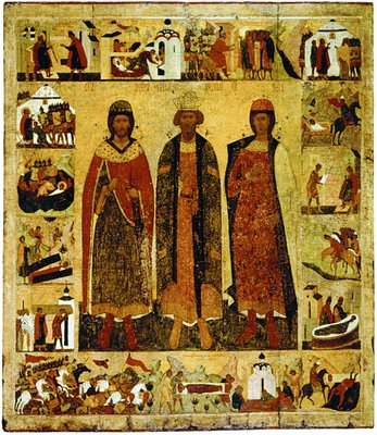 Равноап. Владимир, святые Борис и Глеб с житием. Икона. 1-я треть XVI в. (ГТГ)