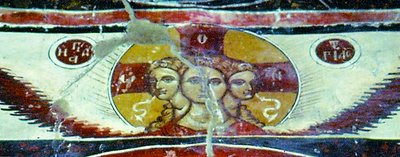 Образ трехликого Христа. Роспись над алтарем ц. Преображения Господня. 1535-1545 г. Мастер Онуфрий