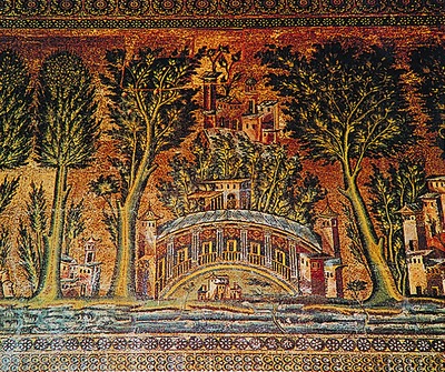 Архитектурный пейзаж. Мозаика большой мечети Омейядов в Дамаске. 705 - 711 гг.
