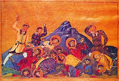 Расправа болгар над византийцами. Миниатюра из Минология имп. Василия II. 976–1025 гг. (Vat. gr. 1613)
