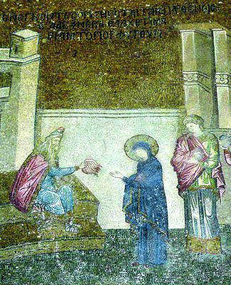 Вручение Марии пурпурной пряжи. Мозаика кафоликона мон-ря Хора (Кахрие-джами) в К-поле. Ок. 1316-1321 гг.