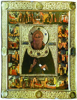 Прп. Сергий Радонежский, с житием. Икона. 1591 г. Иконописец Евстафий Головкин (ТСЛ)