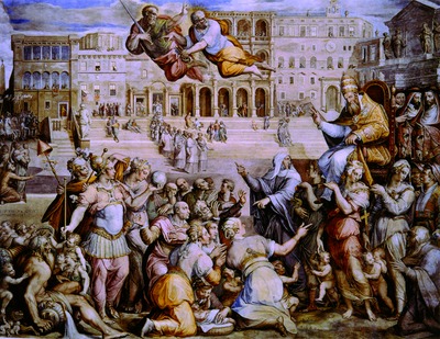 Григорий XI, возвращает Папский престол из Авиньона в Рим. Худож. Дж. Вазари. Роспись Королевского зала Ватикана. 1572-1573 гг.