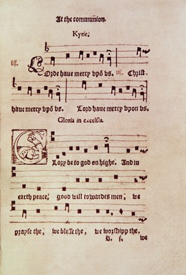 Фрагмент мессы из «Книги общих молитв, положенной на ноты» Джона Марбека. 1550 г.