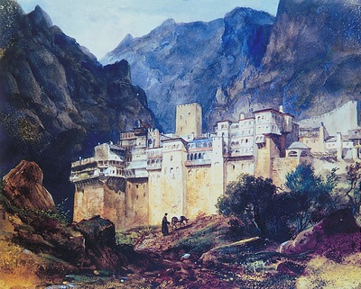 «Монастырь св. Павла на Афонской горе». Ж. Гюе. 1835 г. Акварель (ГМИИ)