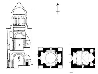 Церковь-усыпальница Аствацацин. 1301 г. Разрез, планы 1-го и 2-го этажей
